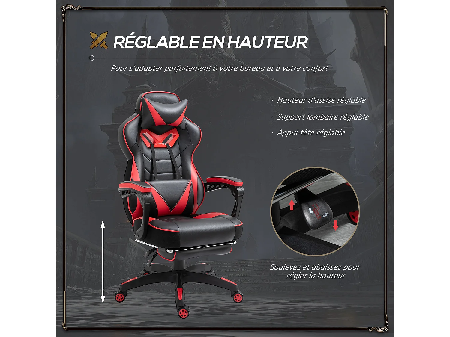 Vinsetto Fauteuil de bureau gamer style baquet racing - pivotant, inclinable - coussin lombaire, tétière, repose-pieds inclus - revêtement synthétique rouge noir