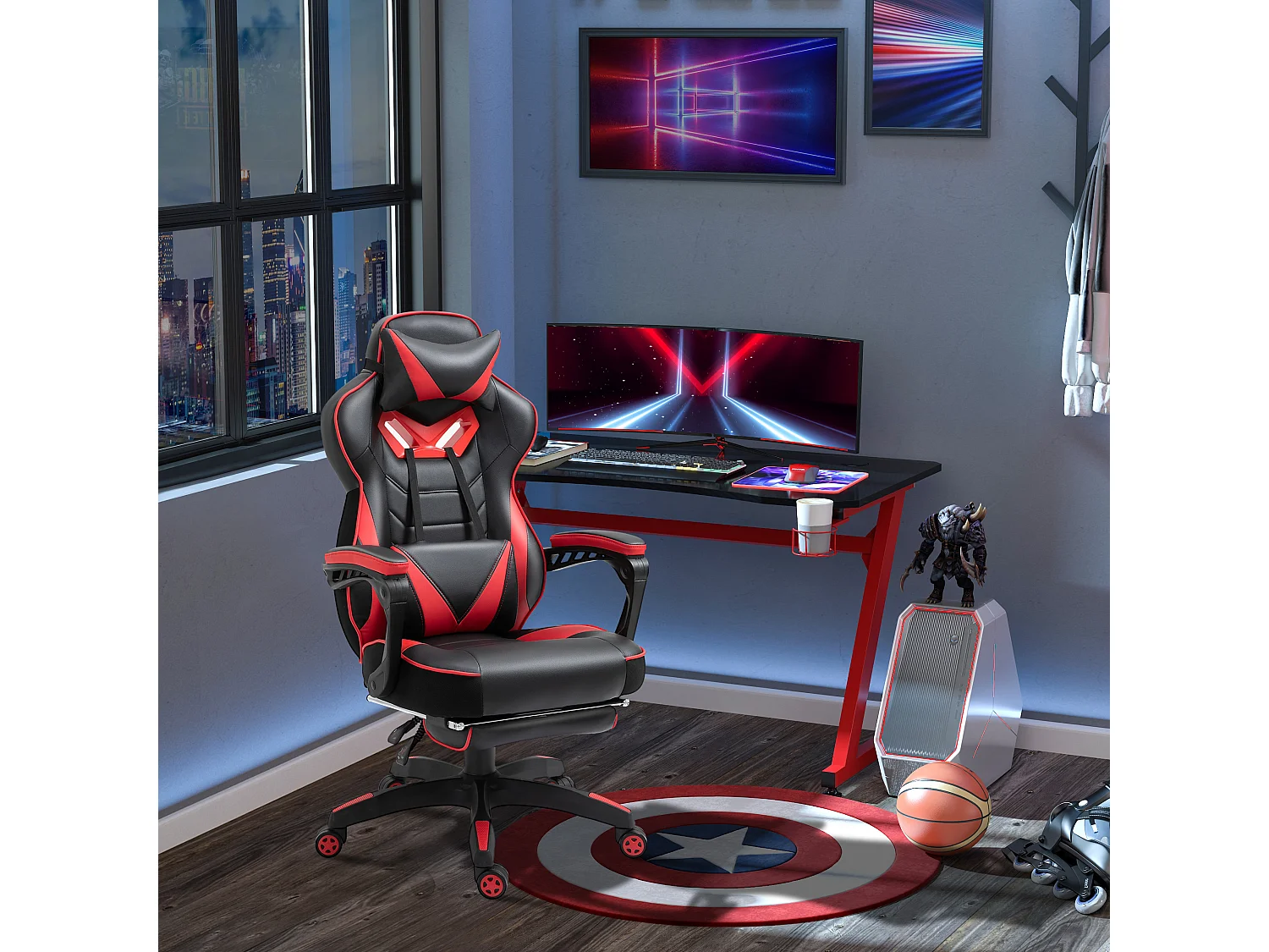 Vinsetto Fauteuil de bureau gamer style baquet racing - pivotant, inclinable - coussin lombaire, tétière, repose-pieds inclus - revêtement synthétique rouge noir