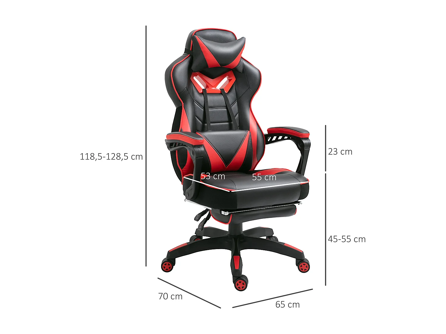 Vinsetto Fauteuil de bureau gamer style baquet racing - pivotant, inclinable - coussin lombaire, tétière, repose-pieds inclus - revêtement synthétique rouge noir