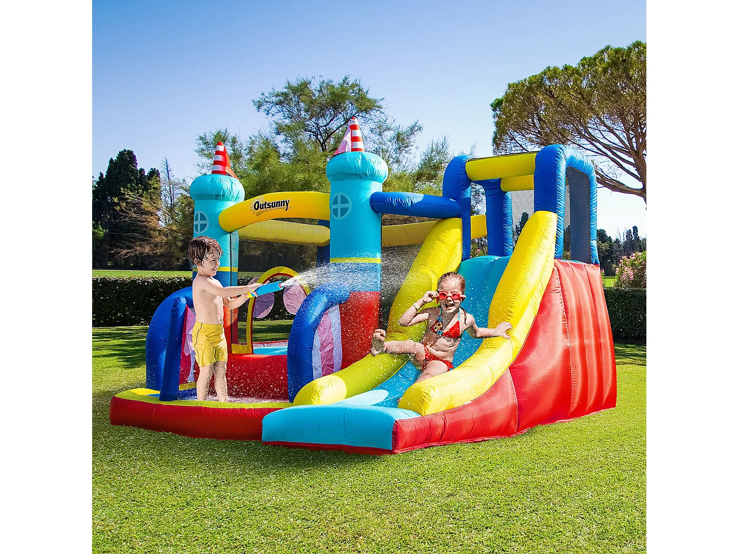 Château gonflable enfant - toboggan, trampoline, piscine, mur d'escalade - gonfleur, sac de transport inclus - dim. 2,65L x 2,6l x 2H m - polyester multicolore