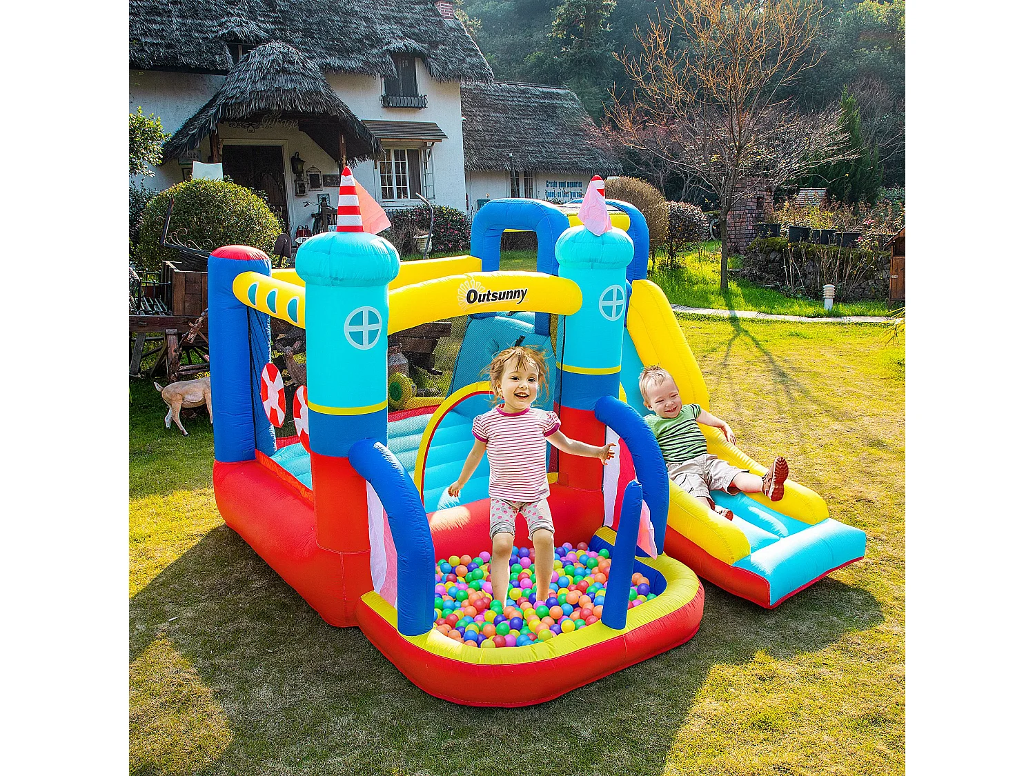 Château gonflable enfant - toboggan, trampoline, piscine, mur d'escalade - gonfleur, sac de transport inclus - dim. 2,65L x 2,6l x 2H m - polyester multicolore