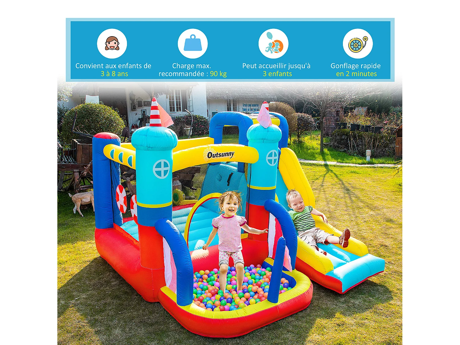 Château gonflable enfant - toboggan, trampoline, piscine, mur d'escalade - gonfleur, sac de transport inclus - dim. 2,65L x 2,6l x 2H m - polyester multicolore