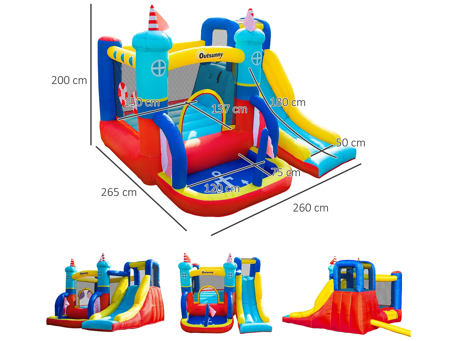 Château gonflable enfant - toboggan, trampoline, piscine, mur d'escalade - gonfleur, sac de transport inclus - dim. 2,65L x 2,6l x 2H m - polyester multicolore