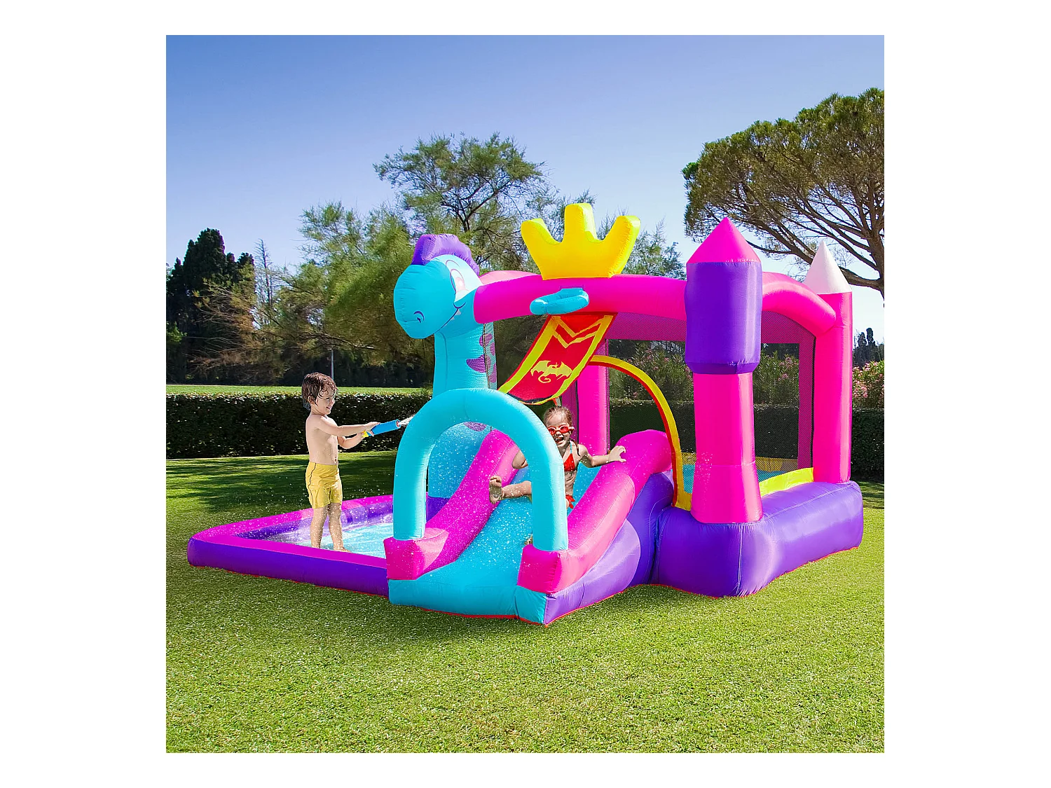 Château gonflable enfant - toboggan, trampoline, piscine, panier - gonfleur, sac de transport inclus - dim. 3L x 2,7l x 2H m - Oxford multicolore
