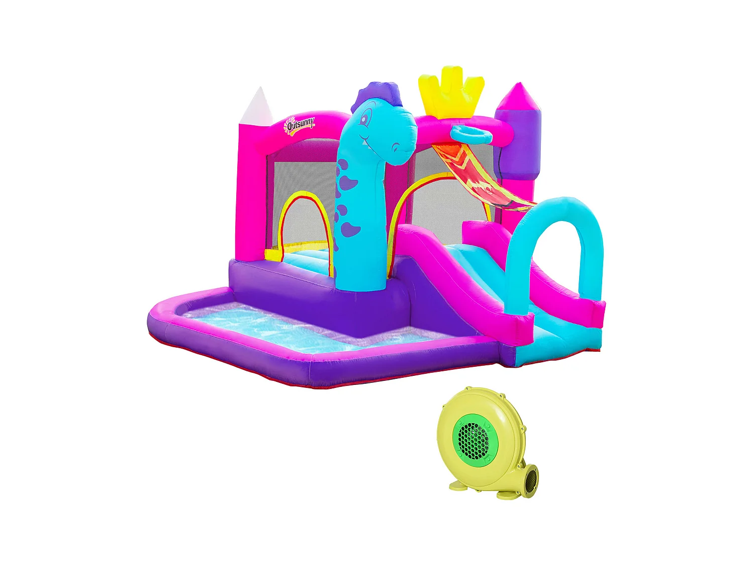 Château gonflable enfant - toboggan, trampoline, piscine, panier - gonfleur, sac de transport inclus - dim. 3L x 2,7l x 2H m - Oxford multicolore