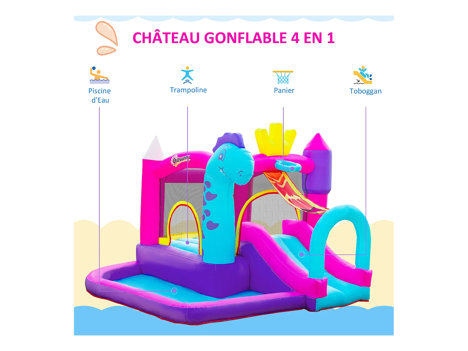 Château gonflable enfant - toboggan, trampoline, piscine, panier - gonfleur, sac de transport inclus - dim. 3L x 2,7l x 2H m - Oxford multicolore