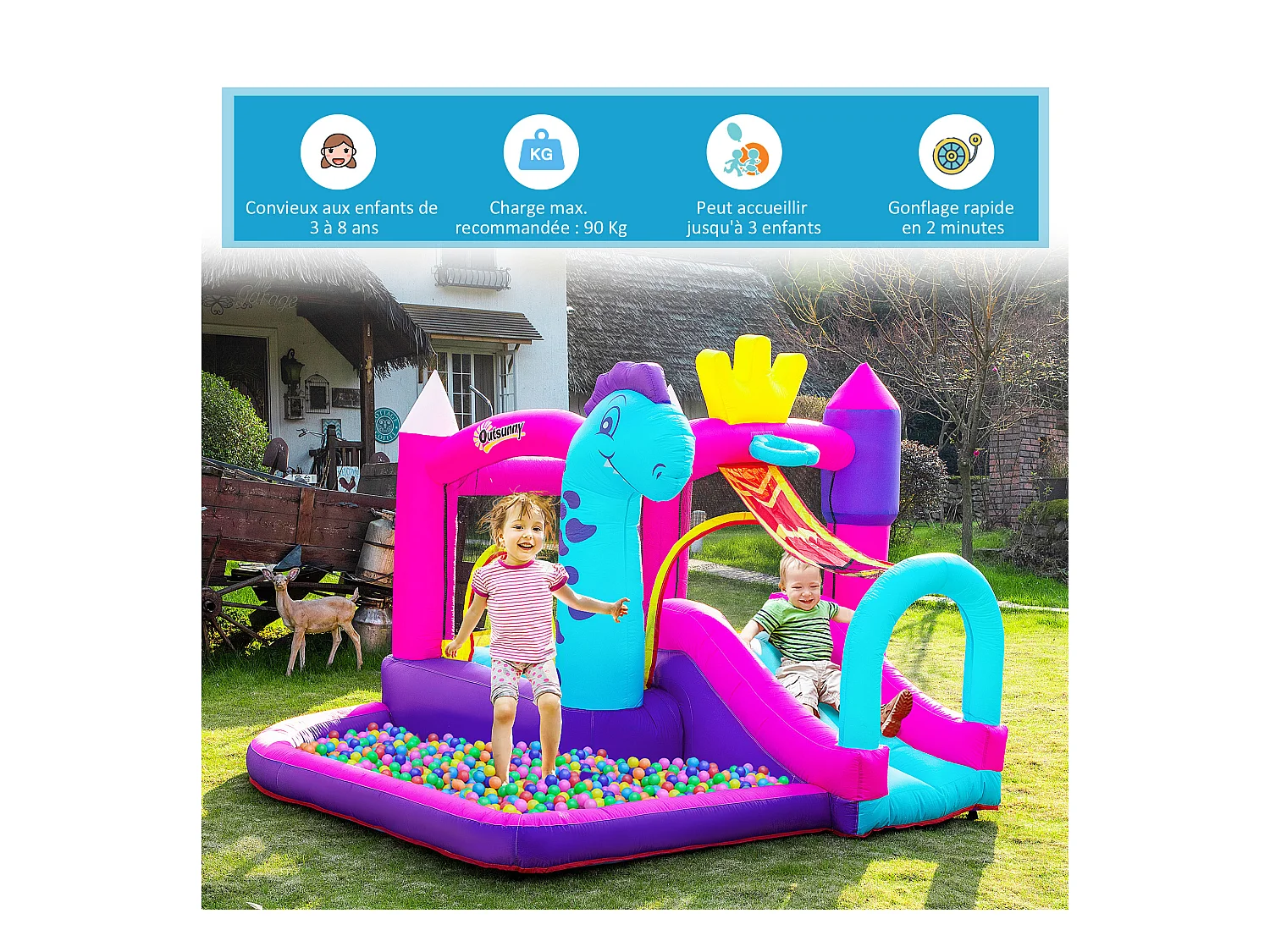 Château gonflable enfant - toboggan, trampoline, piscine, panier - gonfleur, sac de transport inclus - dim. 3L x 2,7l x 2H m - Oxford multicolore