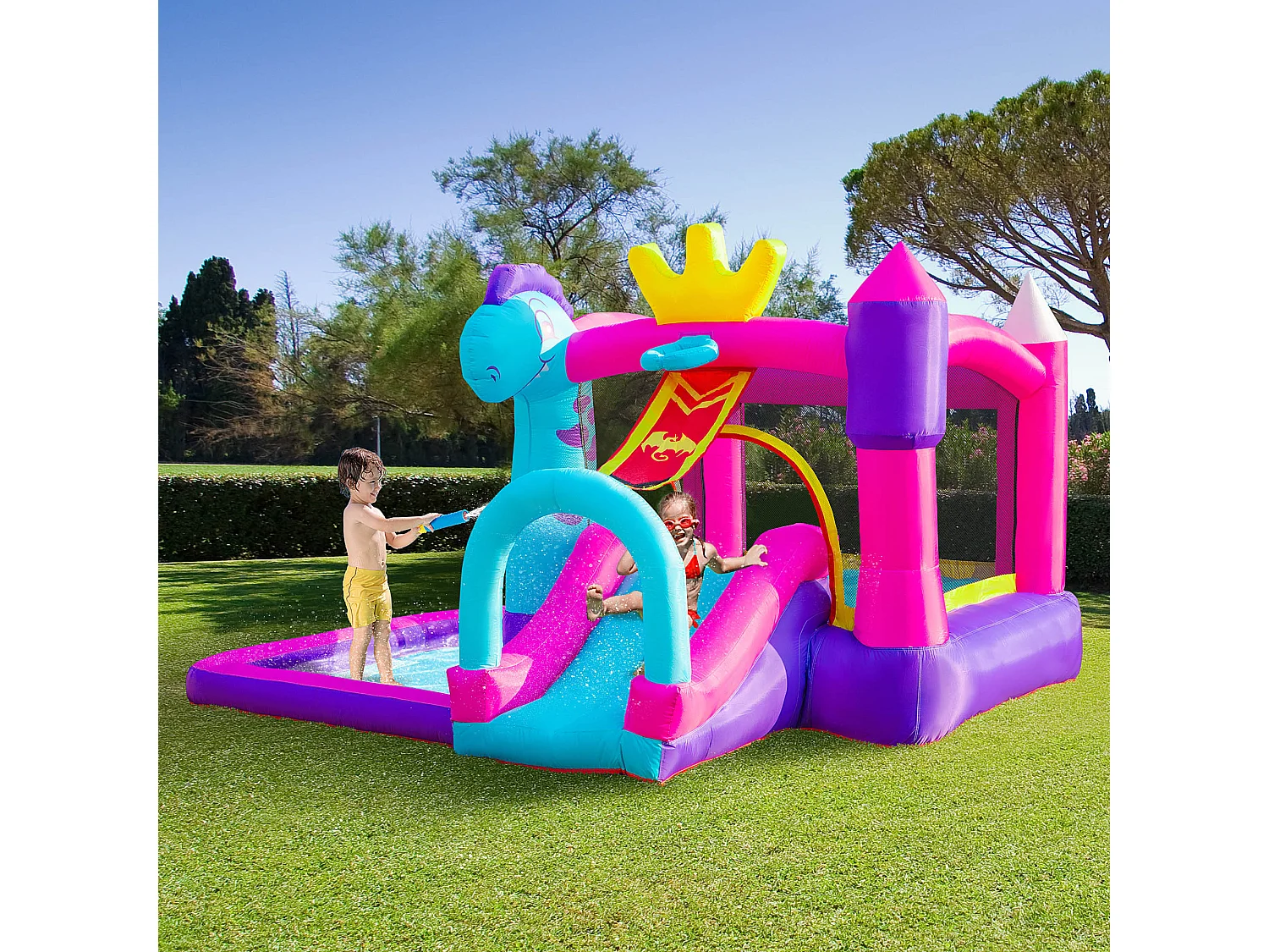 Château gonflable enfant - toboggan, trampoline, piscine, panier - gonfleur, sac de transport inclus - dim. 3L x 2,7l x 2H m - Oxford multicolore