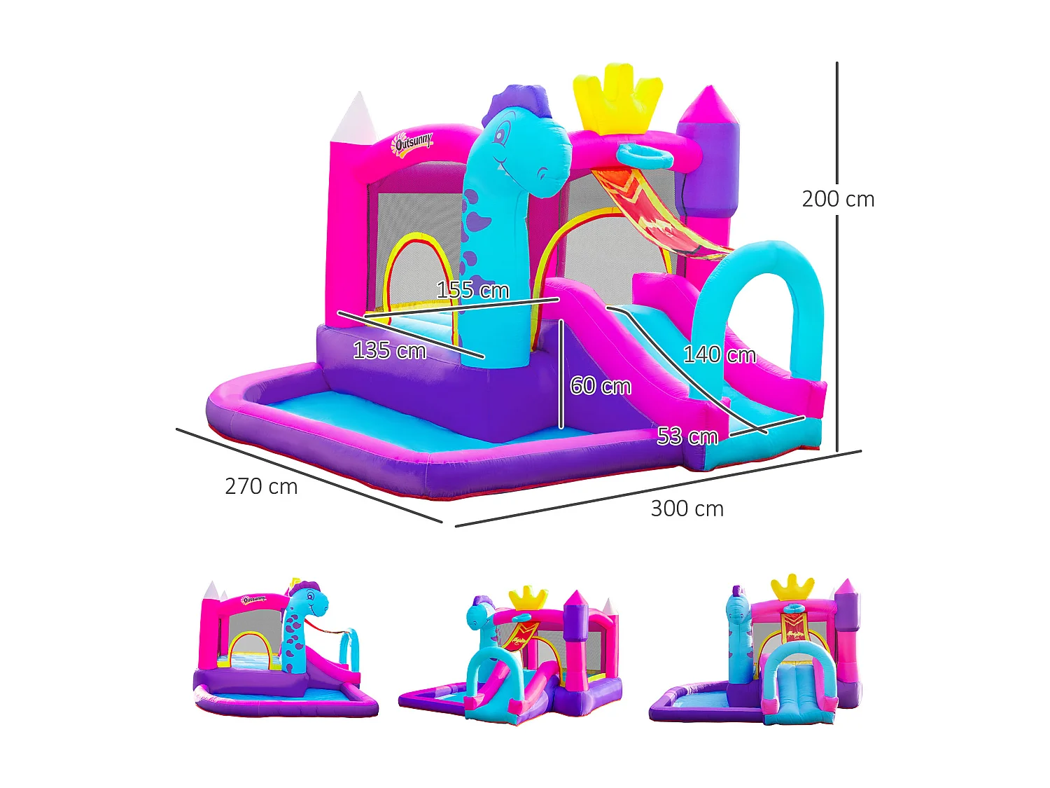 Château gonflable enfant - toboggan, trampoline, piscine, panier - gonfleur, sac de transport inclus - dim. 3L x 2,7l x 2H m - Oxford multicolore