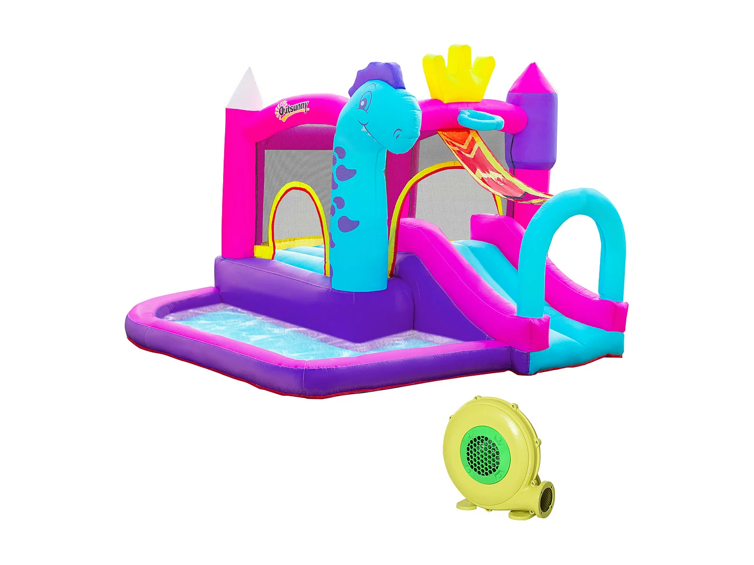 Château gonflable enfant - toboggan, trampoline, piscine, panier - gonfleur, sac de transport inclus - dim. 3L x 2,7l x 2H m - Oxford multicolore