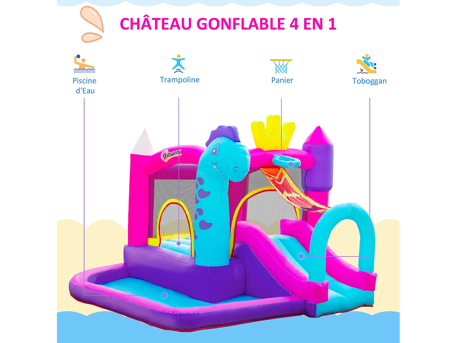Château gonflable enfant - toboggan, trampoline, piscine, panier - gonfleur, sac de transport inclus - dim. 3L x 2,7l x 2H m - Oxford multicolore