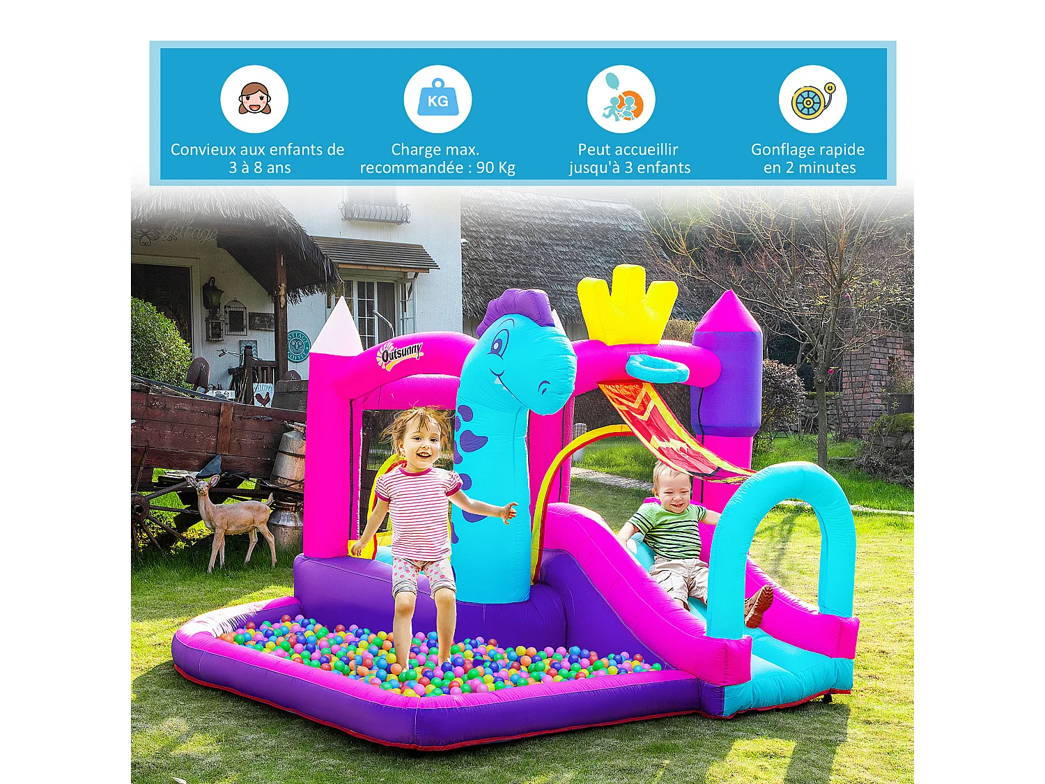 Château gonflable enfant - toboggan, trampoline, piscine, panier - gonfleur, sac de transport inclus - dim. 3L x 2,7l x 2H m - Oxford multicolore