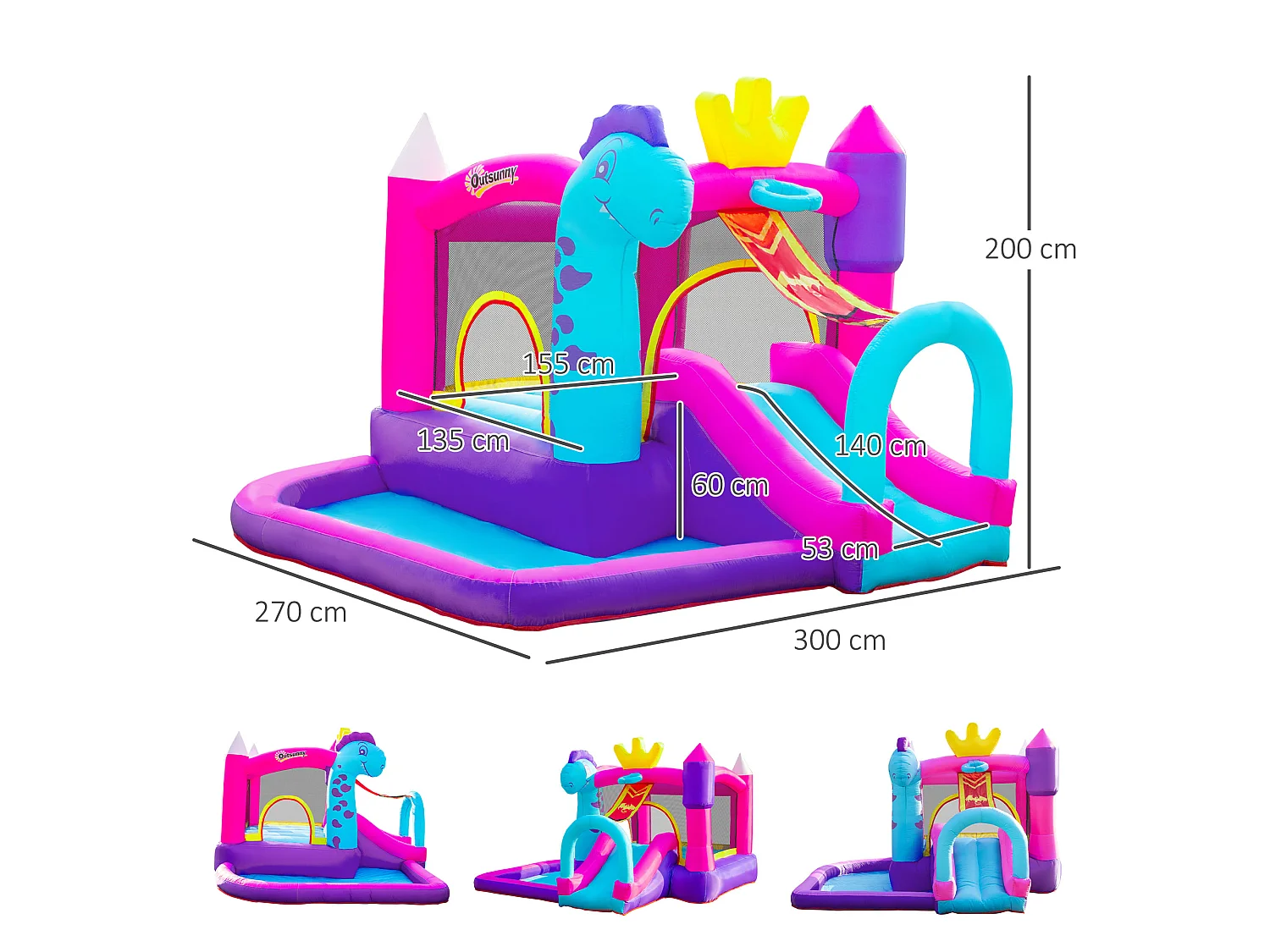 Château gonflable enfant - toboggan, trampoline, piscine, panier - gonfleur, sac de transport inclus - dim. 3L x 2,7l x 2H m - Oxford multicolore