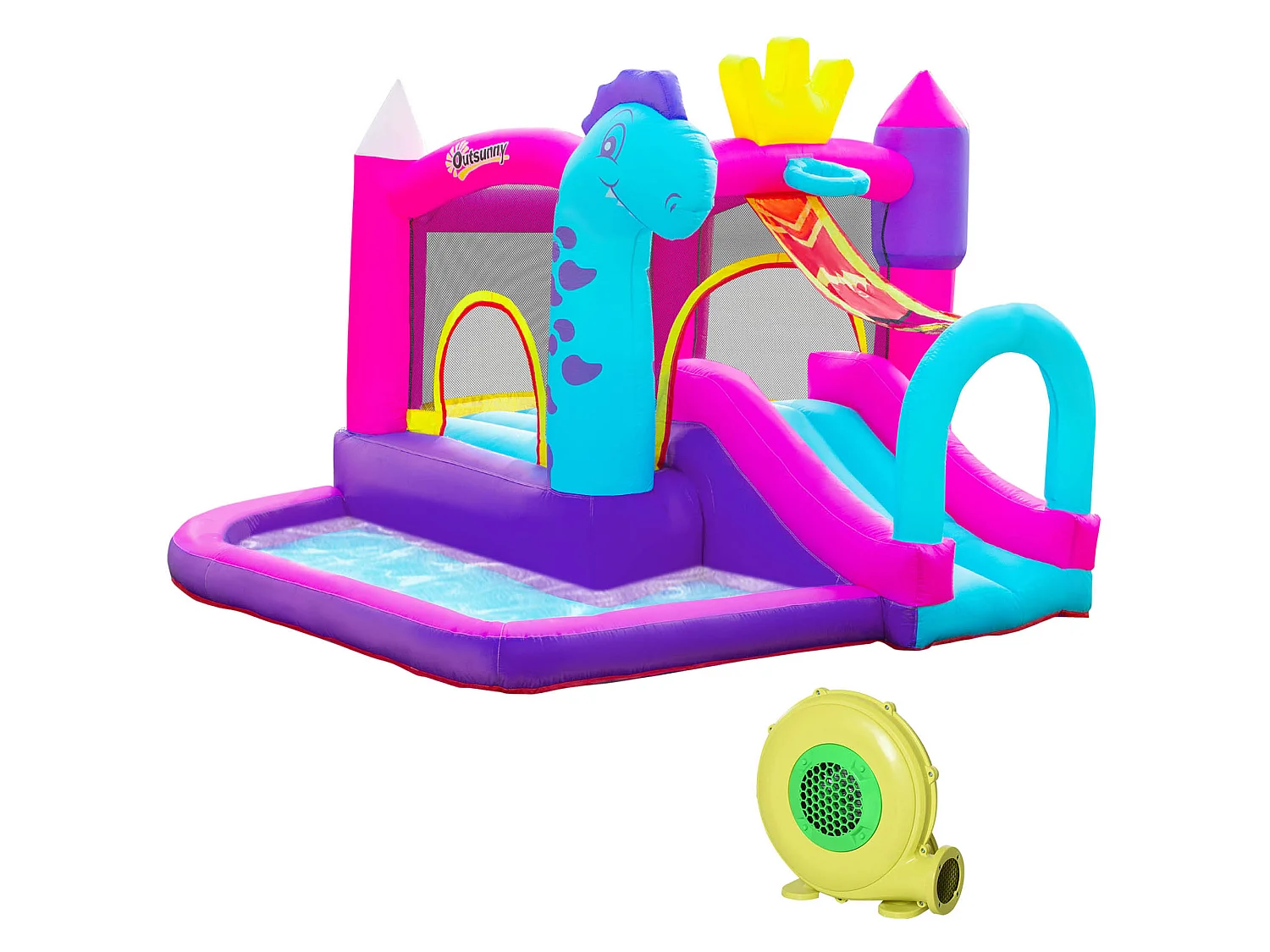 Château gonflable enfant - toboggan, trampoline, piscine, panier - gonfleur, sac de transport inclus - dim. 3L x 2,7l x 2H m - Oxford multicolore