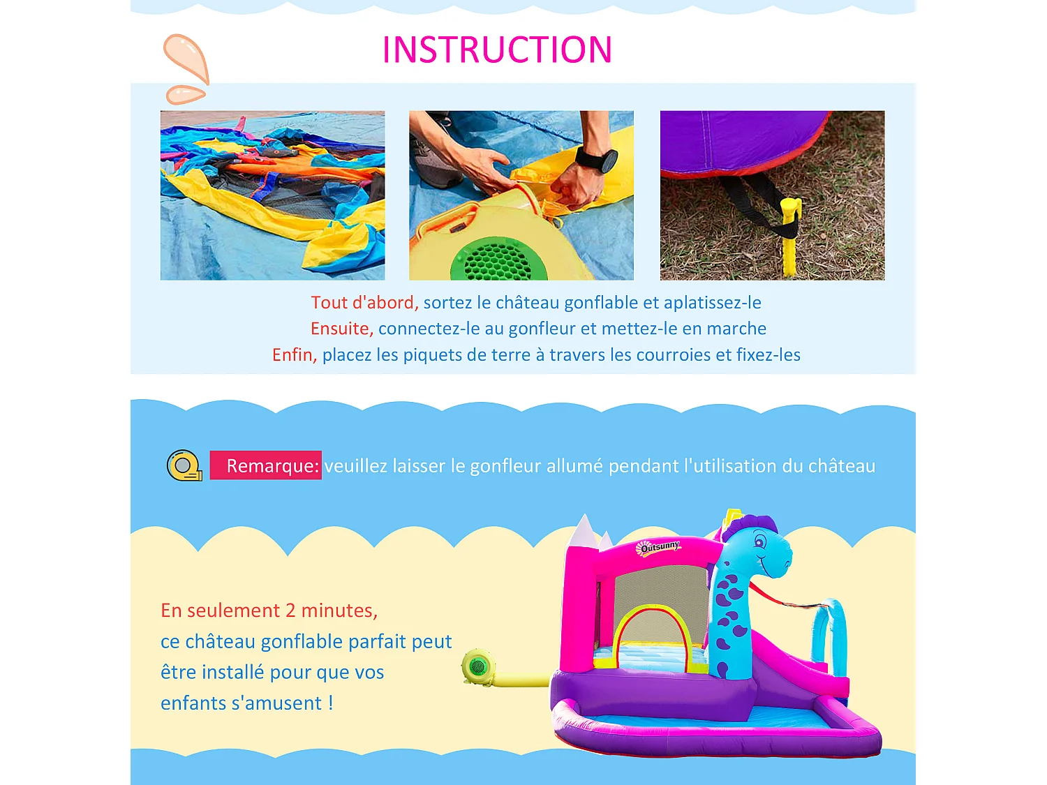 Château gonflable enfant - toboggan, trampoline, piscine, panier - gonfleur, sac de transport inclus - dim. 3L x 2,7l x 2H m - Oxford multicolore