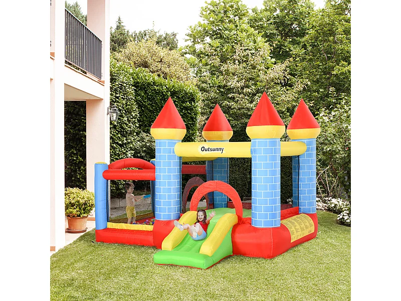 Château gonflable enfant - toboggan, trampoline, piscine, panier - gonfleur, sac de transport inclus - dim. 2,8L x 2,6l x 2,1H m - polyester multicolore