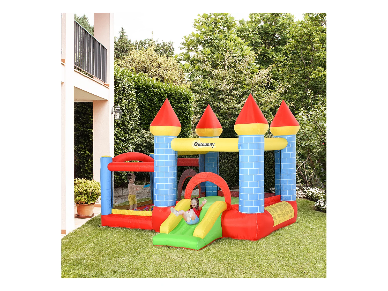 Château gonflable enfant - toboggan, trampoline, piscine, panier - gonfleur, sac de transport inclus - dim. 2,8L x 2,6l x 2,1H m - polyester multicolore
