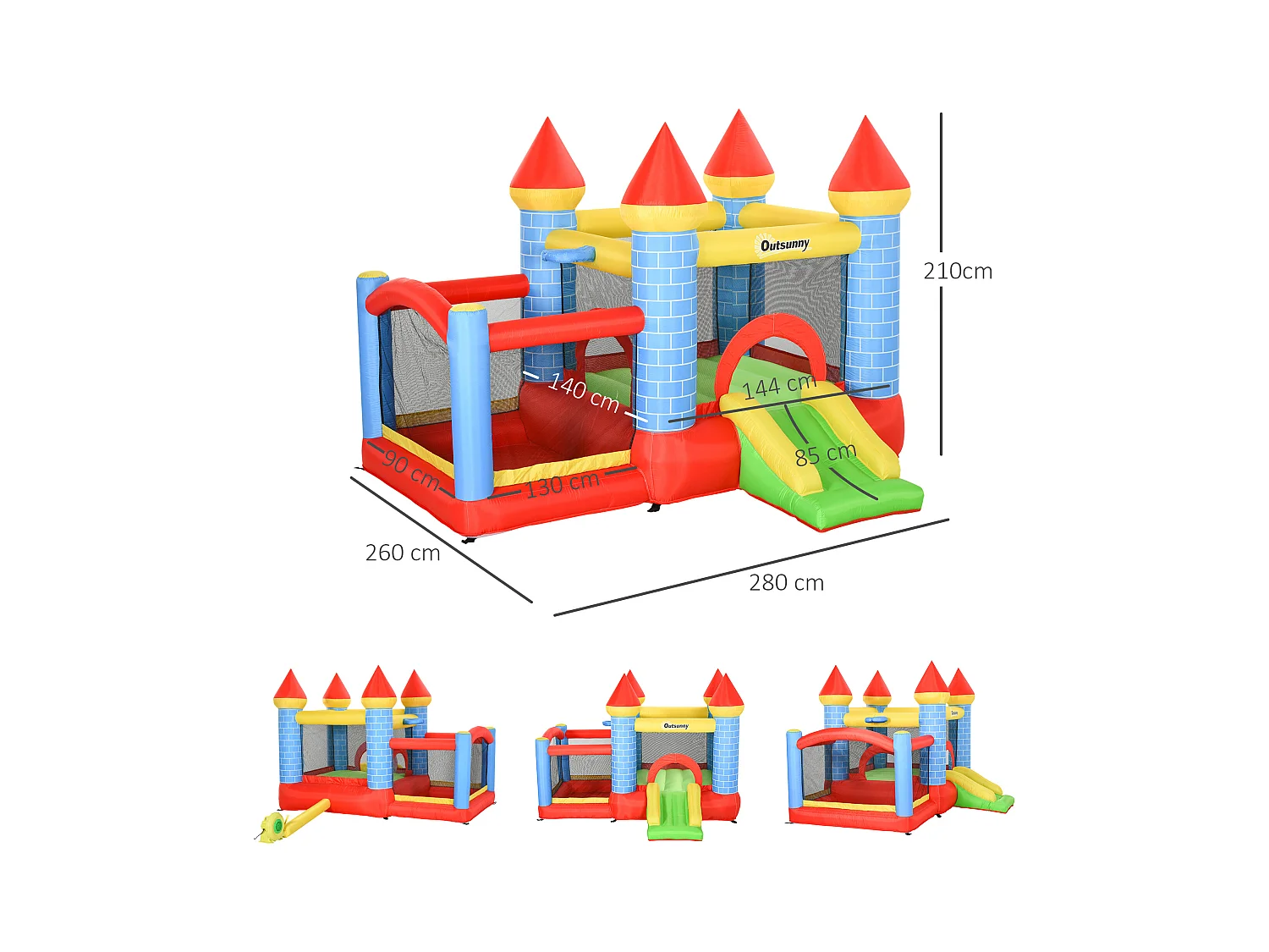 Château gonflable enfant - toboggan, trampoline, piscine, panier - gonfleur, sac de transport inclus - dim. 2,8L x 2,6l x 2,1H m - polyester multicolore