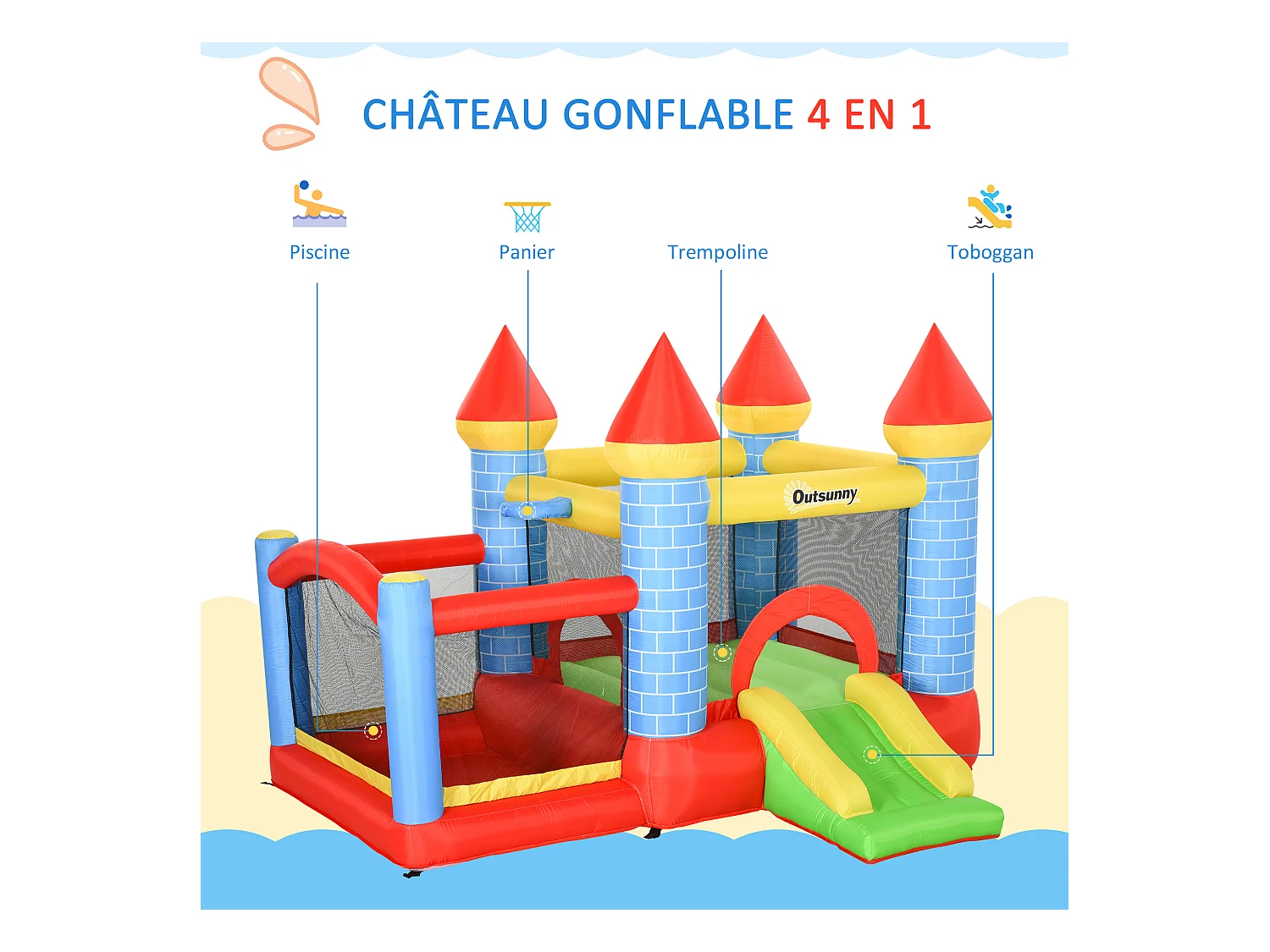Château gonflable enfant - toboggan, trampoline, piscine, panier - gonfleur, sac de transport inclus - dim. 2,8L x 2,6l x 2,1H m - polyester multicolore