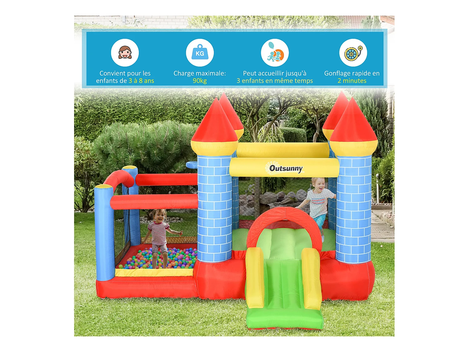 Château gonflable enfant - toboggan, trampoline, piscine, panier - gonfleur, sac de transport inclus - dim. 2,8L x 2,6l x 2,1H m - polyester multicolore
