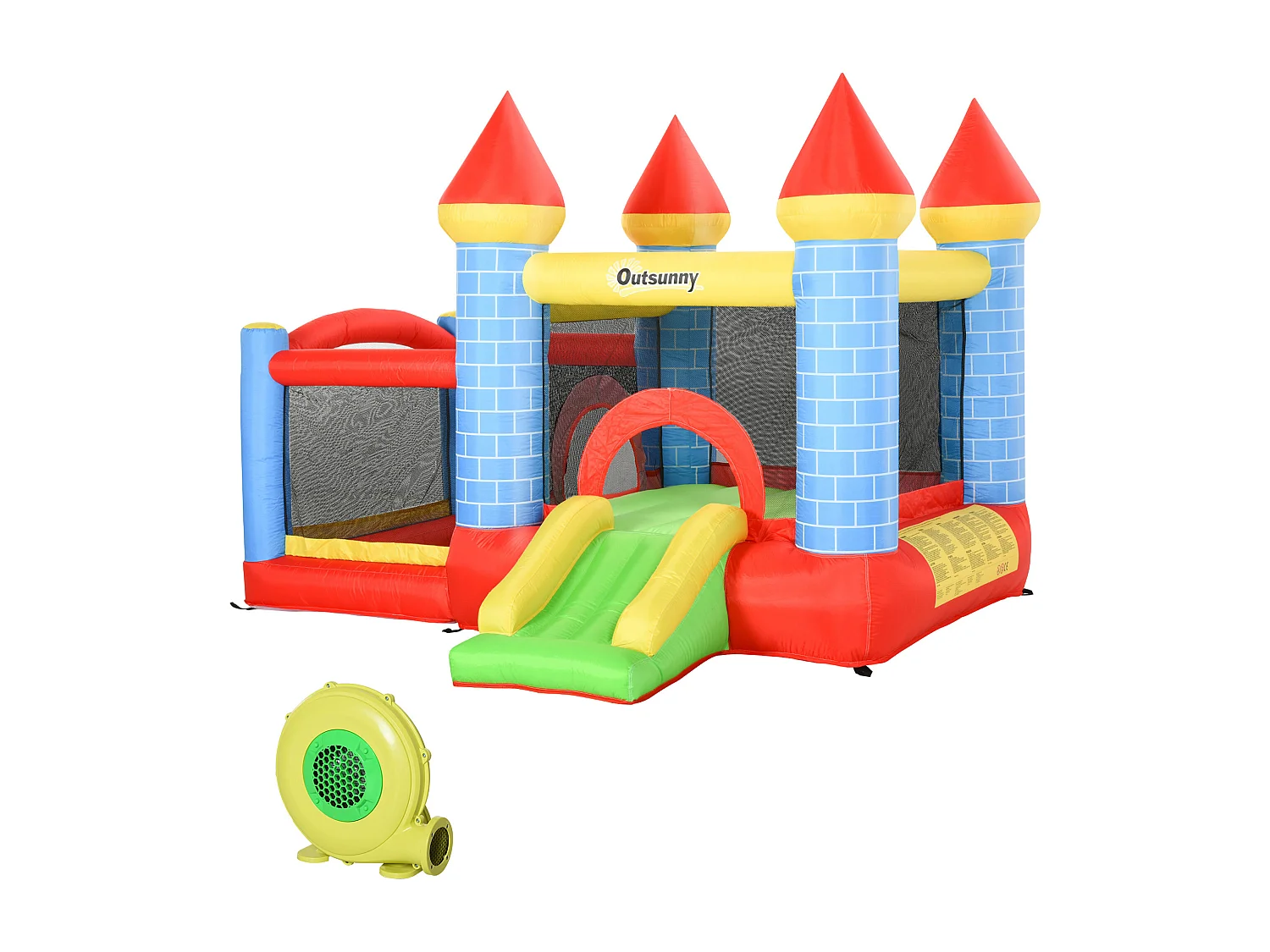 Château gonflable enfant - toboggan, trampoline, piscine, panier - gonfleur, sac de transport inclus - dim. 2,8L x 2,6l x 2,1H m - polyester multicolore