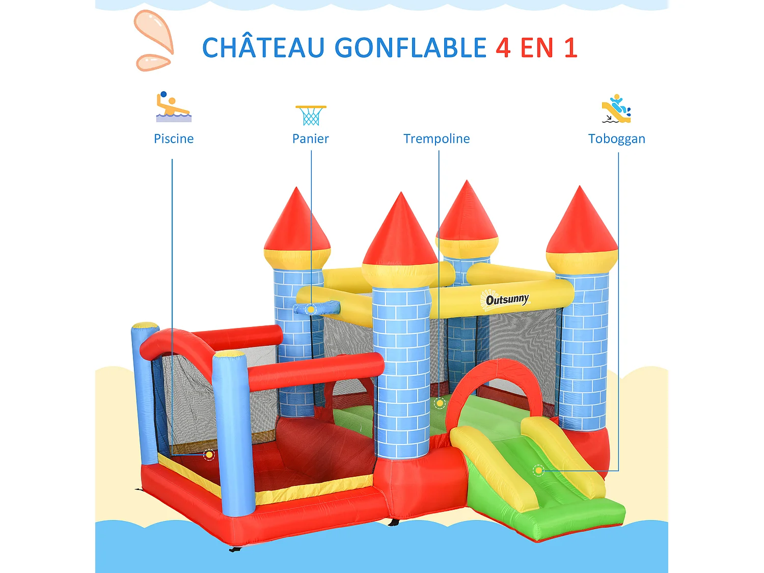Château gonflable enfant - toboggan, trampoline, piscine, panier - gonfleur, sac de transport inclus - dim. 2,8L x 2,6l x 2,1H m - polyester multicolore