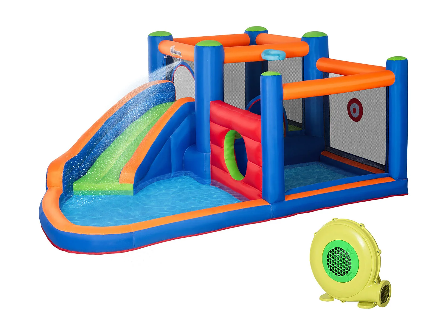 Château gonflable enfant - toboggan, trampoline, piscine - gonfleur, sac de transport inclus - dim. 3,8L x 3,4l x 1,7H m - polyester multicolore