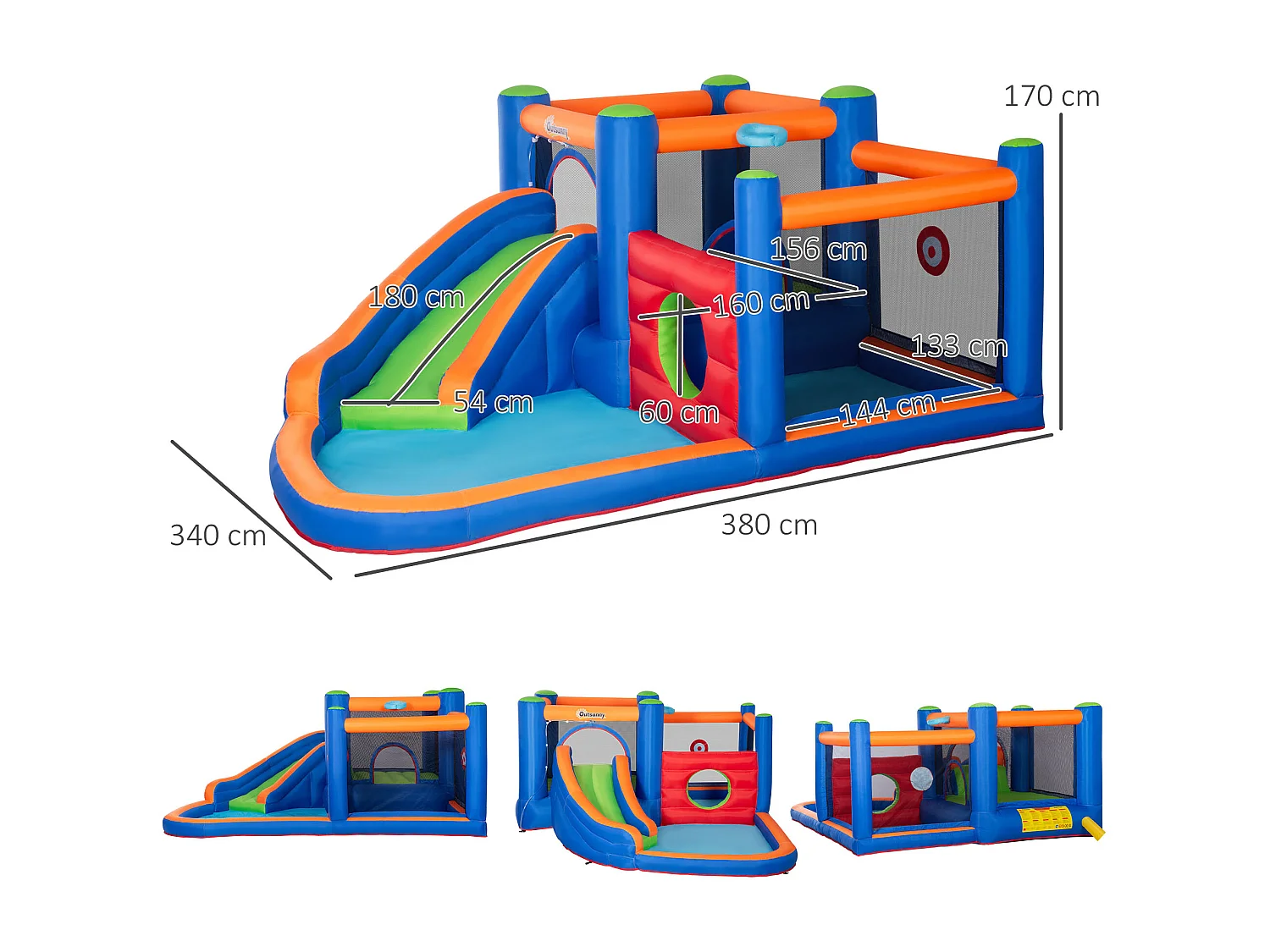 Château gonflable enfant - toboggan, trampoline, piscine - gonfleur, sac de transport inclus - dim. 3,8L x 3,4l x 1,7H m - polyester multicolore