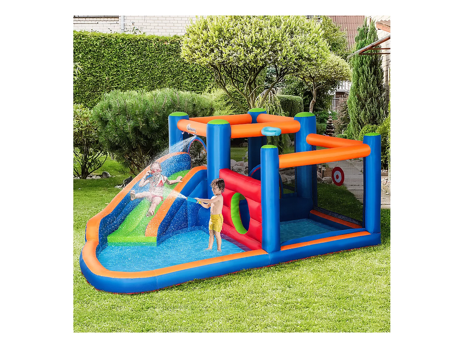 Château gonflable enfant - toboggan, trampoline, piscine - gonfleur, sac de transport inclus - dim. 3,8L x 3,4l x 1,7H m - polyester multicolore