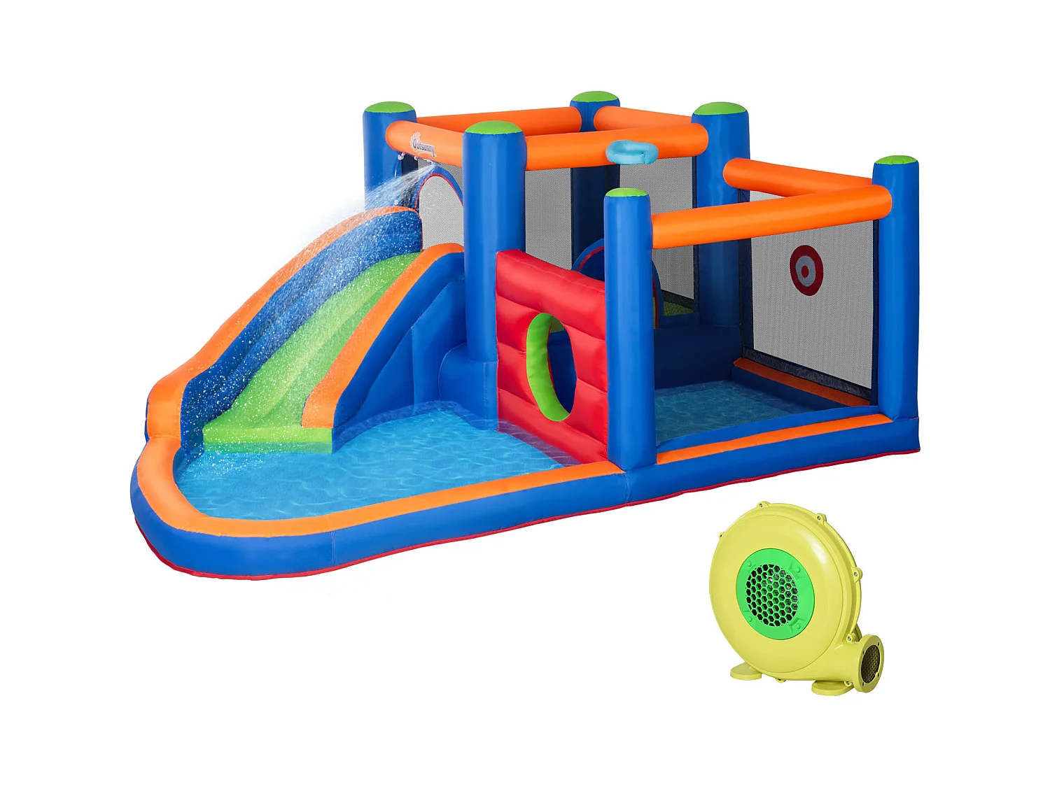 Château gonflable enfant - toboggan, trampoline, piscine - gonfleur, sac de transport inclus - dim. 3,8L x 3,4l x 1,7H m - polyester multicolore