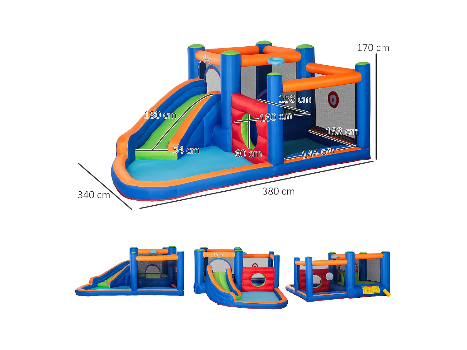 Château gonflable enfant - toboggan, trampoline, piscine - gonfleur, sac de transport inclus - dim. 3,8L x 3,4l x 1,7H m - polyester multicolore