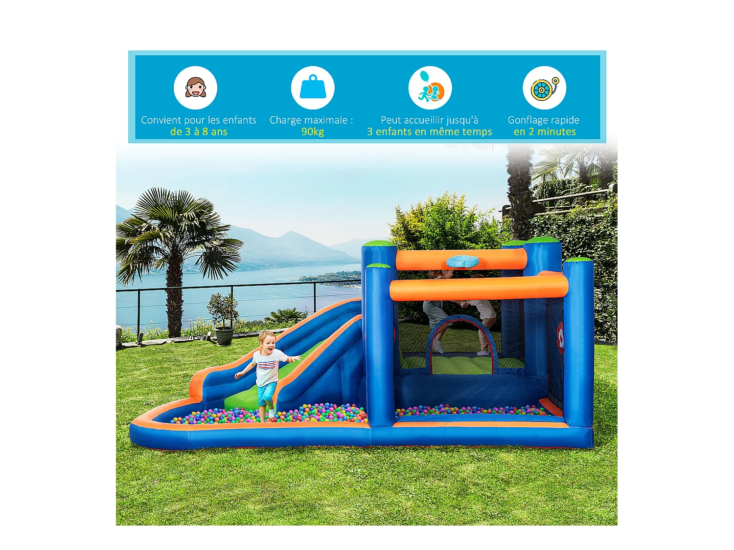 Château gonflable enfant - toboggan, trampoline, piscine - gonfleur, sac de transport inclus - dim. 3,8L x 3,4l x 1,7H m - polyester multicolore