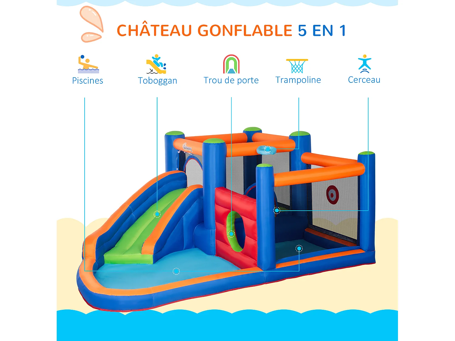Château gonflable enfant - toboggan, trampoline, piscine - gonfleur, sac de transport inclus - dim. 3,8L x 3,4l x 1,7H m - polyester multicolore