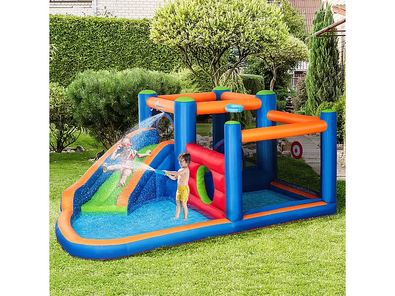 Château gonflable enfant - toboggan, trampoline, piscine - gonfleur, sac de transport inclus - dim. 3,8L x 3,4l x 1,7H m - polyester multicolore