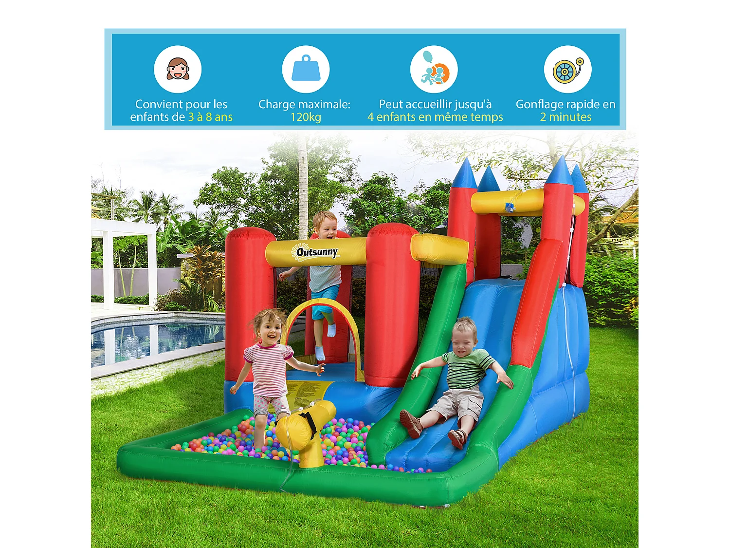 Château gonflable enfant - toboggan, trampoline, piscine, mur d'escalade - gonfleur, sac de transport inclus - dim. 3,3L x 2,45l x 2,15H m - polyester multicolore