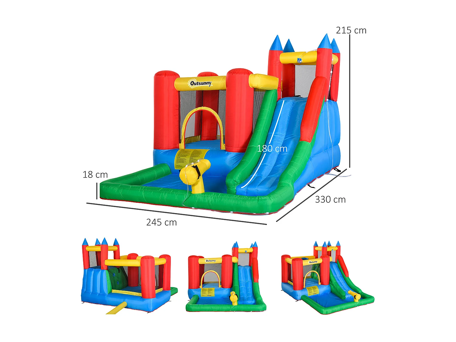 Château gonflable enfant - toboggan, trampoline, piscine, mur d'escalade - gonfleur, sac de transport inclus - dim. 3,3L x 2,45l x 2,15H m - polyester multicolore