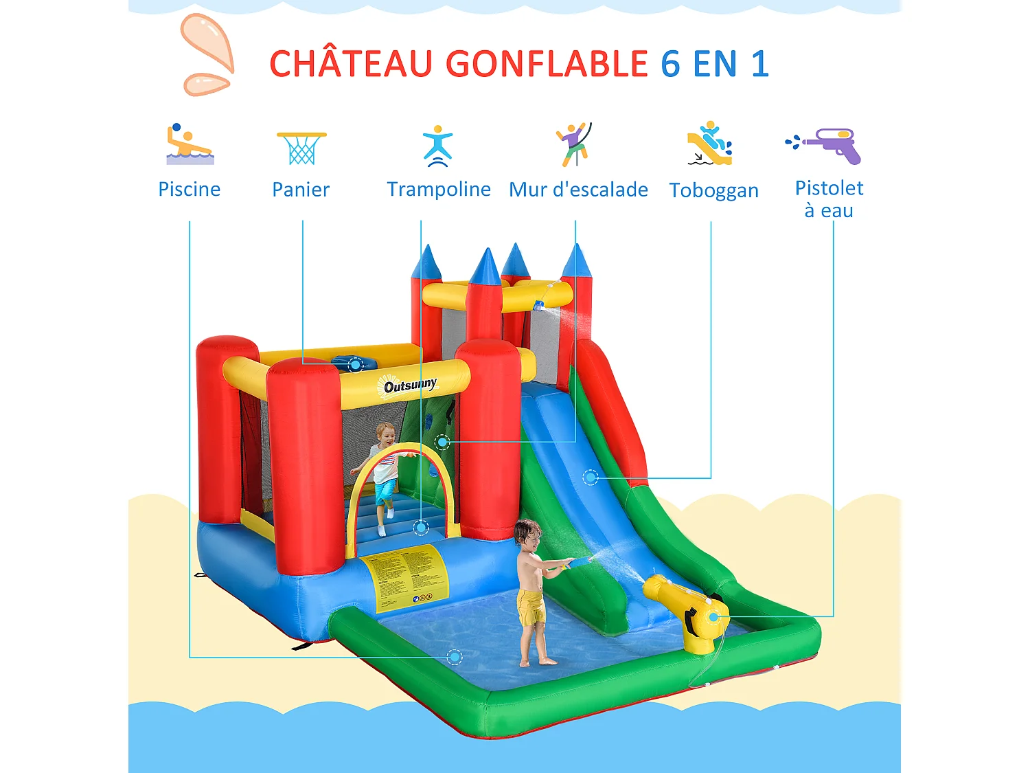 Château gonflable enfant - toboggan, trampoline, piscine, mur d'escalade - gonfleur, sac de transport inclus - dim. 3,3L x 2,45l x 2,15H m - polyester multicolore