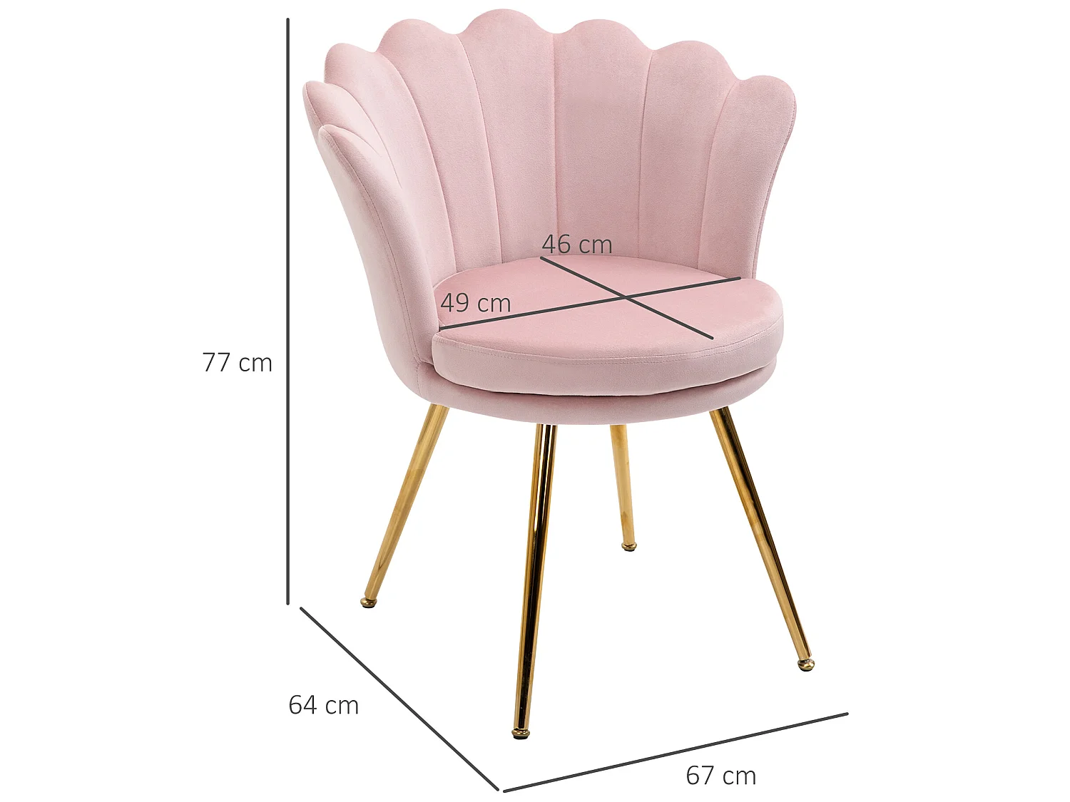 Chaise coquillage chaise design pieds métal dorés effilés velours rose poudré