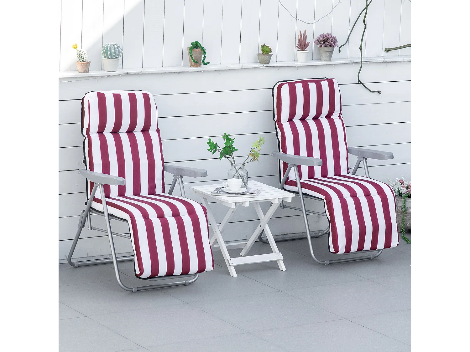 Lot de 2 chaises longues bains de soleil ajustables pliables transat lit de jardin en acier rouge + blanc
