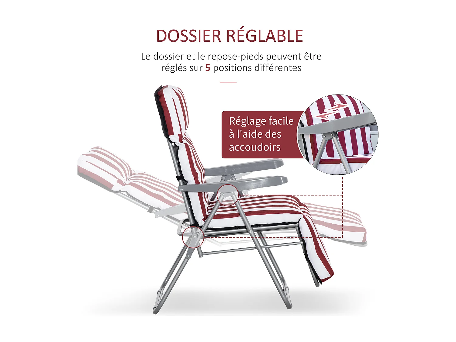 Lot de 2 chaises longues bains de soleil ajustables pliables transat lit de jardin en acier rouge + blanc