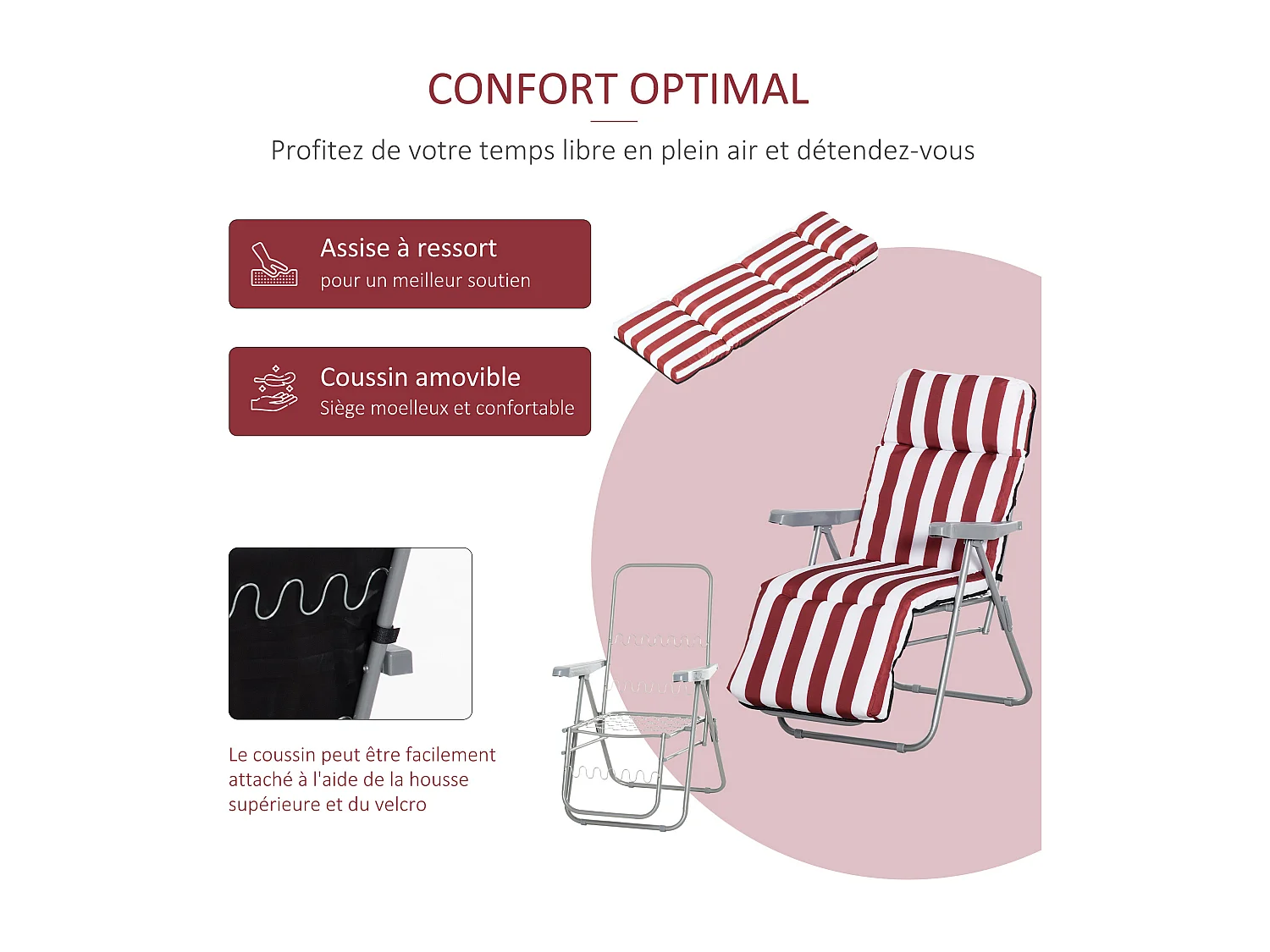 Lot de 2 chaises longues bains de soleil ajustables pliables transat lit de jardin en acier rouge + blanc