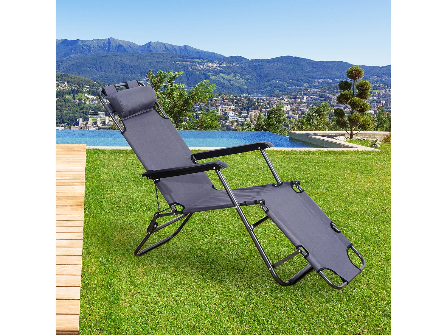 Chaise longue pliable bain de soleil transat de relaxation dossier inclinable avec repose-pied polyester oxford gris