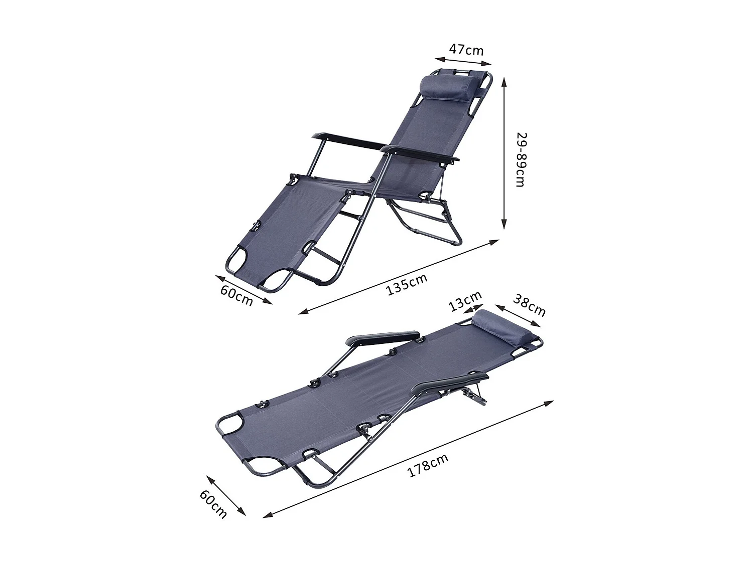 Chaise longue pliable bain de soleil transat de relaxation dossier inclinable avec repose-pied polyester oxford gris