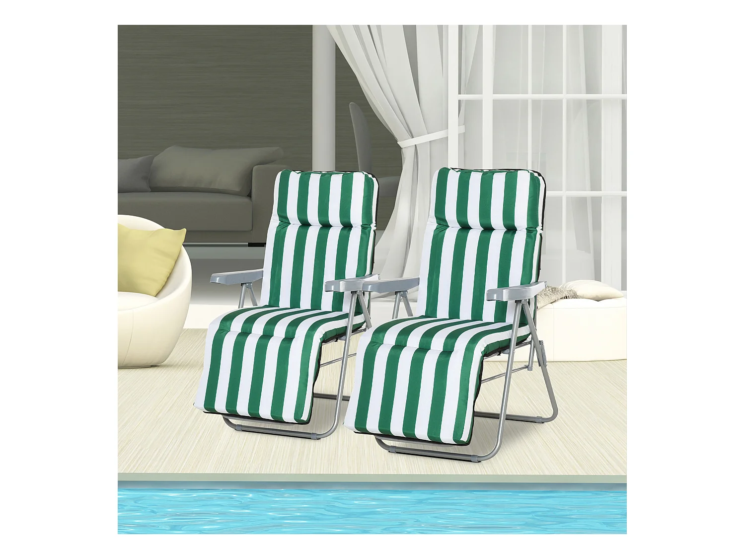 Lot de 2 chaise longue bain de soleil adjustable pliable transat lit de jardin en acier vert + blanc