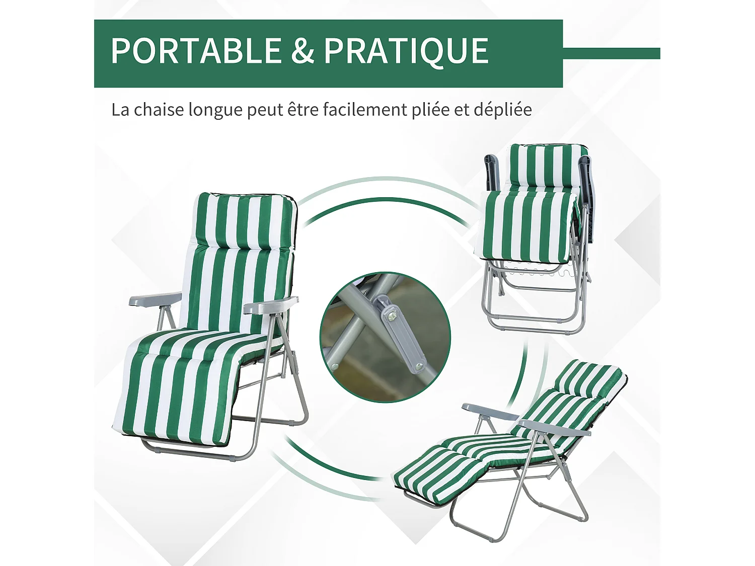 Lot de 2 chaise longue bain de soleil adjustable pliable transat lit de jardin en acier vert + blanc