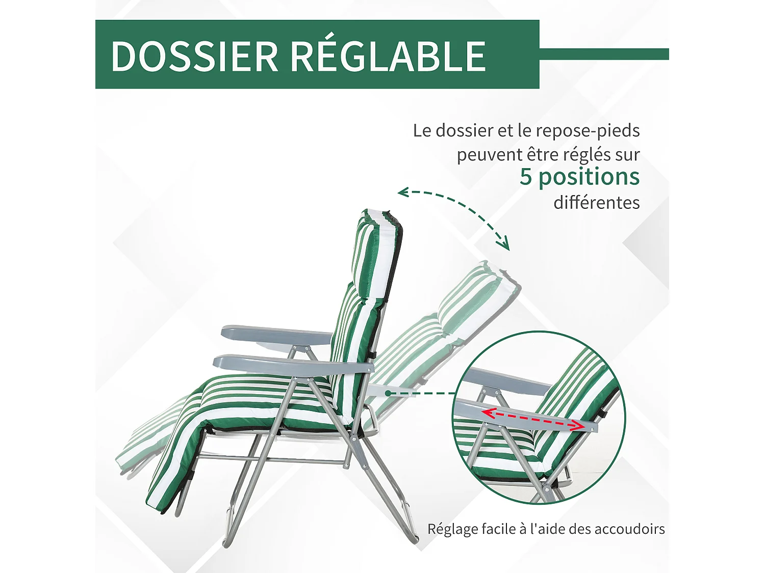 Lot de 2 chaise longue bain de soleil adjustable pliable transat lit de jardin en acier vert + blanc
