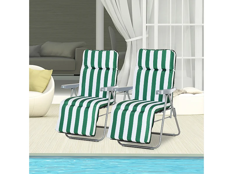 Lot de 2 chaise longue bain de soleil adjustable pliable transat lit de jardin en acier vert + blanc
