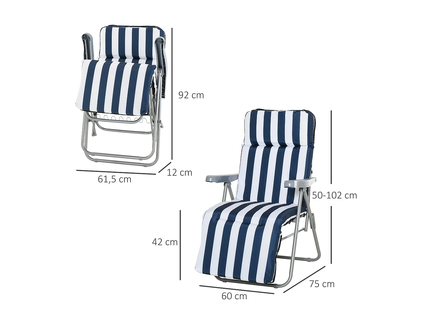 Lot de 2 chaise longue bain de soleil adjustable pliable transat lit de jardin en acier bleu + blanc