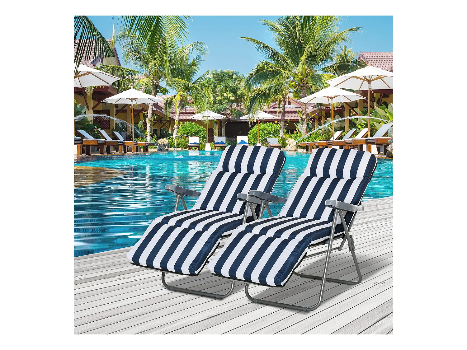 Lot de 2 chaise longue bain de soleil adjustable pliable transat lit de jardin en acier bleu + blanc