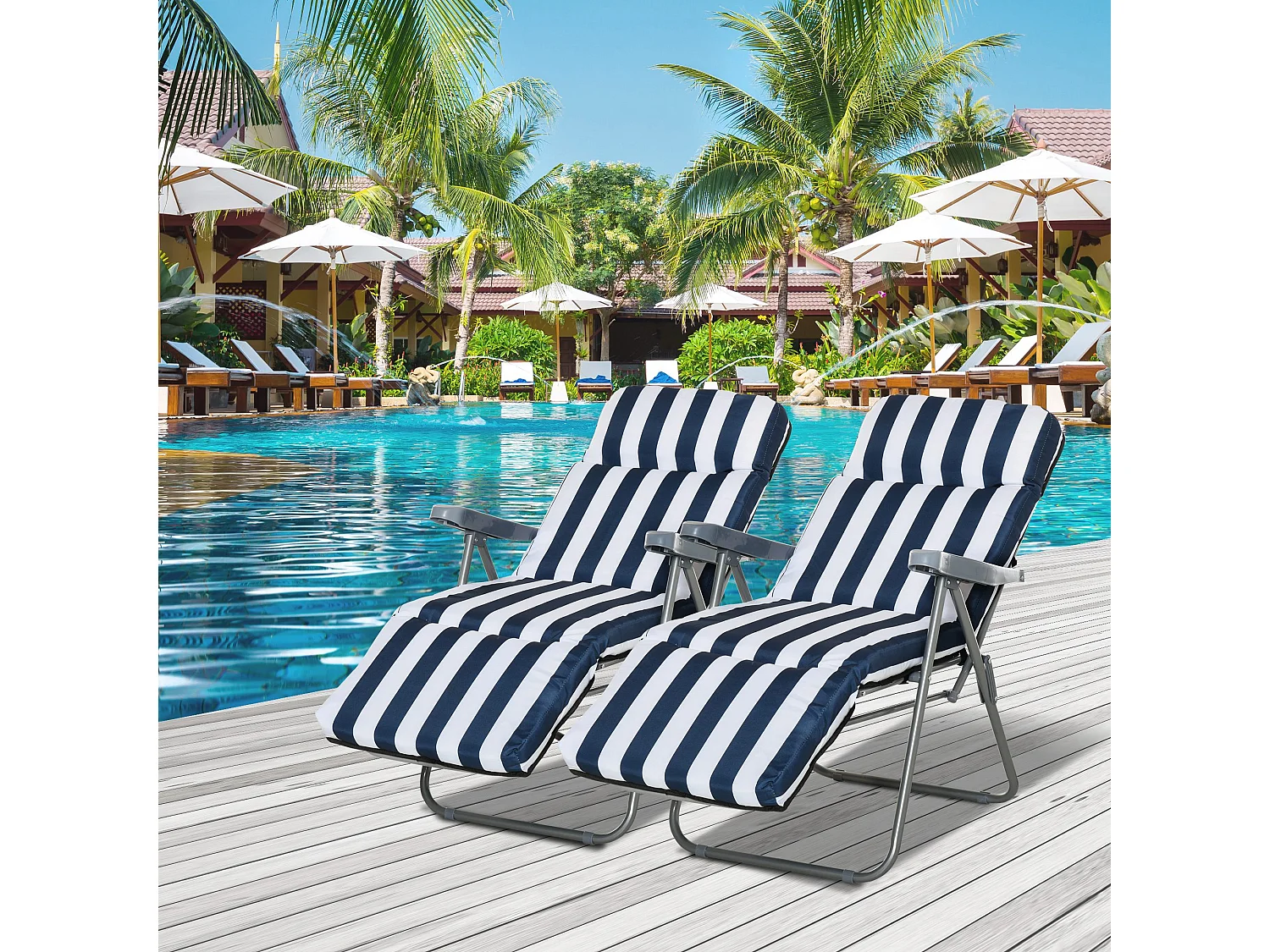 Lot de 2 chaise longue bain de soleil adjustable pliable transat lit de jardin en acier bleu + blanc